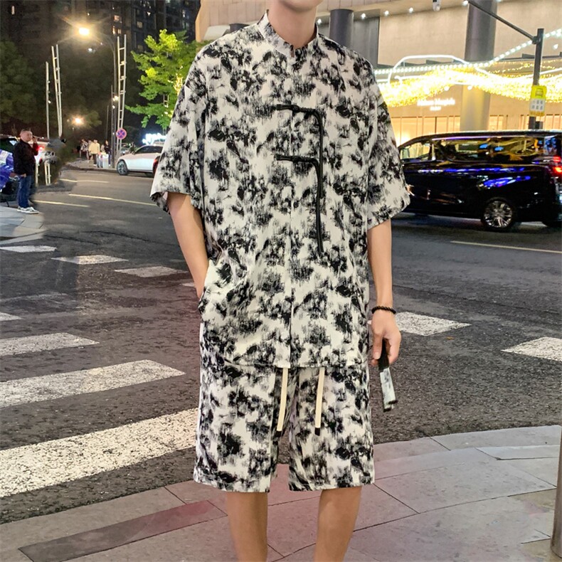 2025夏季新中式冰丝垂感花衬衣宽松休闲五分套装男TZ666-P58控78,男装休闲套装,电商C305A
