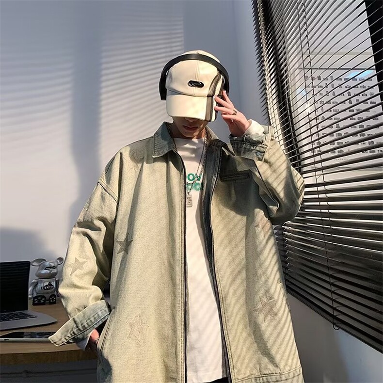 秋季水洗做旧翻领牛仔夹克男款美式高街复古痞帅宽松拉链外套,男装夹克,星座716-3