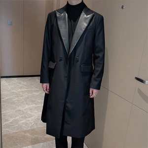 秋冬复古英伦时尚拼皮西装大衣男韩版中长款西服大衣潮XZ0083P160图片