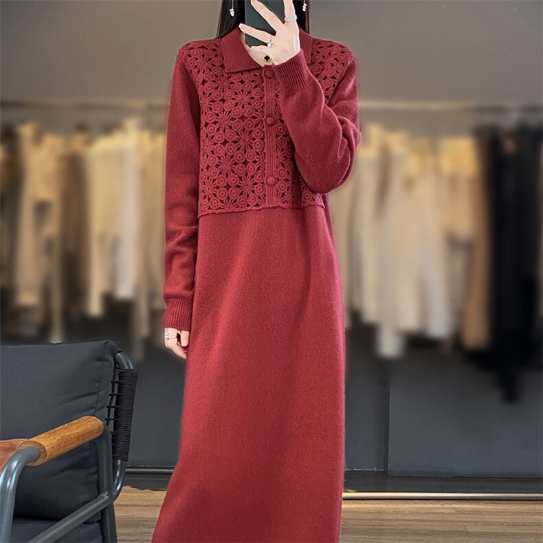 翻领时尚气质纯色拼接长袖宽松套头长款连衣裙,女装连衣裙,江南羊绒