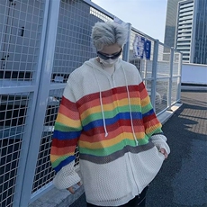 撞色镂空连帽针织开衫罩衫男多巴胺春秋彩虹衫外套B6022-P50，女装短外套，星座1001-1
