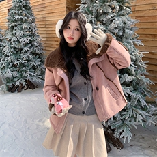 粉色皮毛一体麂皮绒羊羔毛外套女2025新款小个子加绒加厚短款棉服，女装棉衣/棉服，2C032
