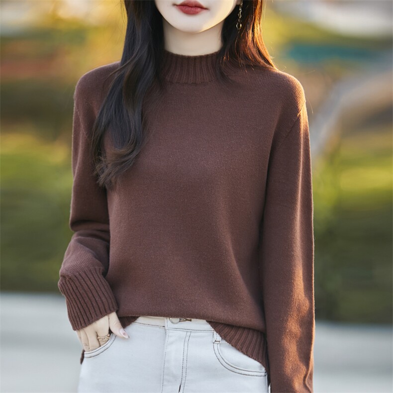 纯棉线半高领加厚针织衫女2024冬季宽松慵懒风开叉毛衣纯色打底衫,针织衫/毛衣,彩羽羊绒