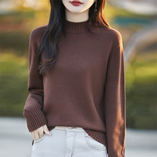 纯棉线半高领加厚针织衫女2024冬季宽松慵懒风开叉毛衣纯色打底衫，女装针织衫/毛衣，彩羽羊绒