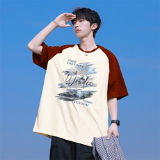 抖音得物高品质二开240克宽松纯棉美式潮牌插肩袖拼接短袖T恤，男装T恤，电商A486