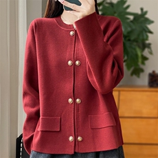 精纺羊毛开衫女圆领纯色长袖毛衣西装外套春秋新款宽松针织上衣，女装短外套，朝贺羊绒