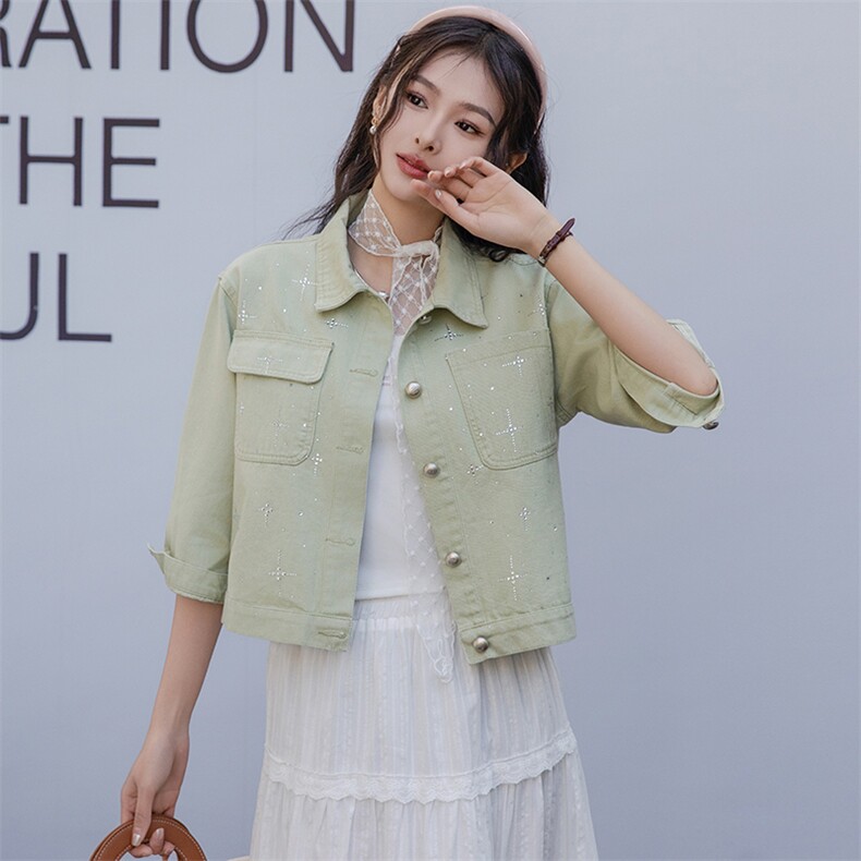2025春季新款韩版时尚百搭重工铆钉烫钻牛仔外套复古做旧夹克上衣，女装牛仔外套，跑量工厂店