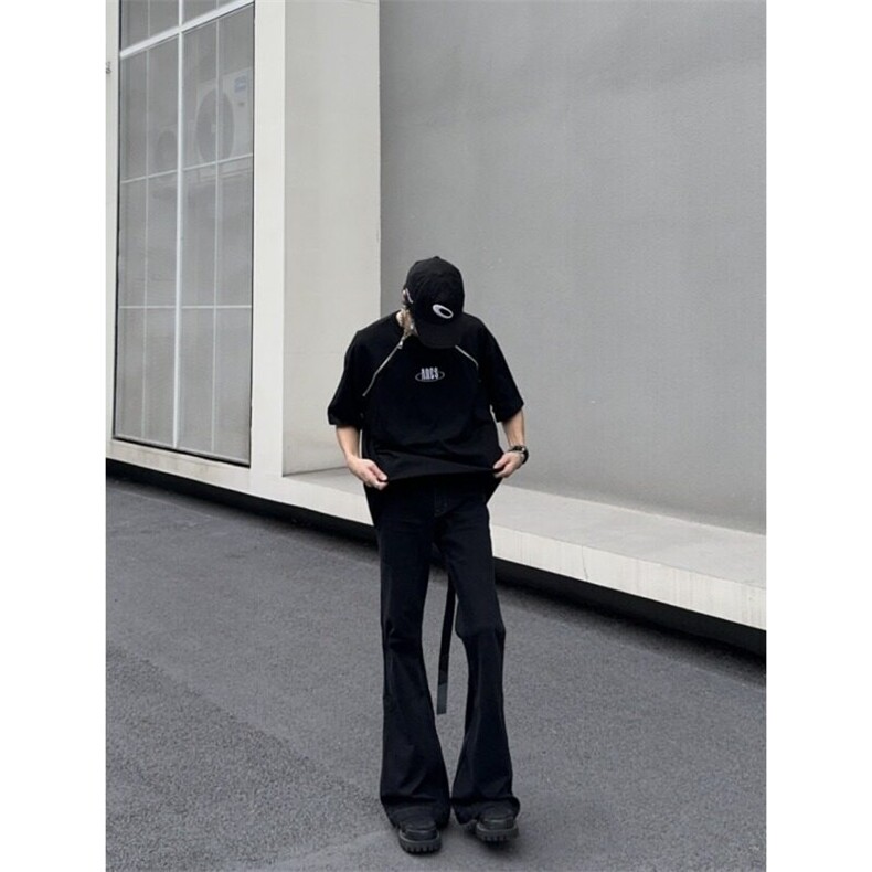 美式高街vibe风长飘带黑色微喇叭潮牌牛仔裤修身显瘦拖地长裤子男,男装牛仔裤,星座506A