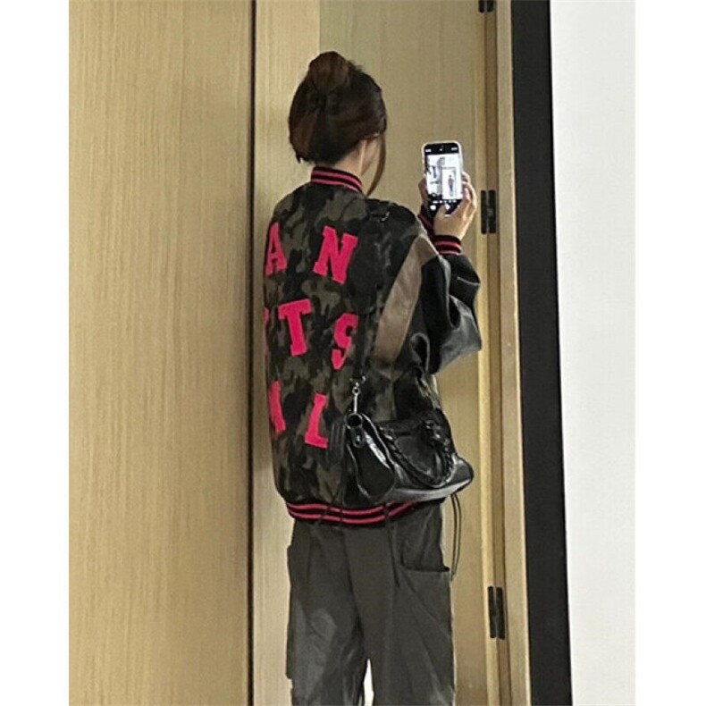 棒球服外套男女2025春秋季新款百搭拼接pu皮袖迷彩夹克J711,男装夹克,星座1116A（原606A-3）