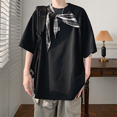 C542P40格子蝴蝶结拼接短袖t恤男ins夏季潮胖人宽松半袖体恤衫，男装T恤，星座512-6