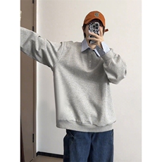 抖音得物高品质26春装美式高街假两件衬衫领长袖卫衣POLO领打底衫，男装T恤，电商A486
