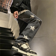 抖音品质潮星星印花秋季新款修身水洗牛仔裤B315-K23422-p55控78，男装牛仔裤，电商B315
