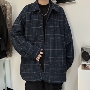 外套男秋冬加厚格子韩版宽松潮流港风新款复古毛呢夹克JA36-P62图片