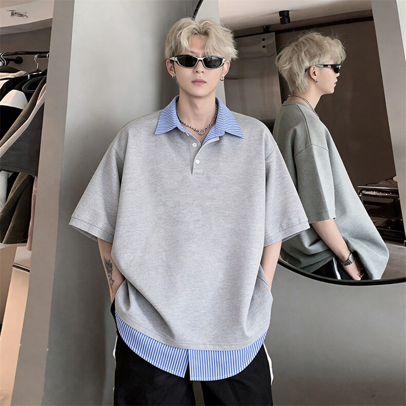 2026主推款抗菌速干假两件格子翻领短袖T恤纯色DT608-P38，男装T恤，电商C307