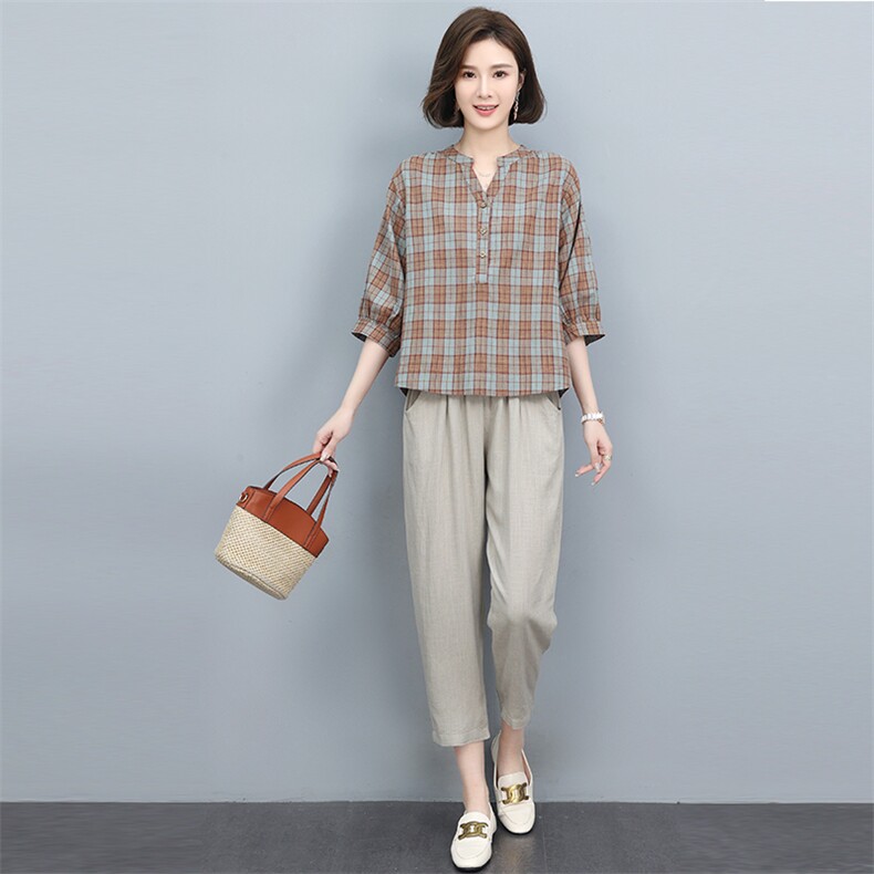 时尚休闲格子衬衫+宽松阔腿裤套装显瘦百搭两件套,女装套装/套裙,悦见她