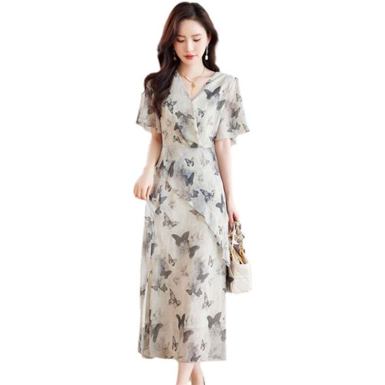 拉夏贝尔印花系带短袖连衣裙女2025年新款夏季中长款气质女装长裙,女装连衣裙,艾米
