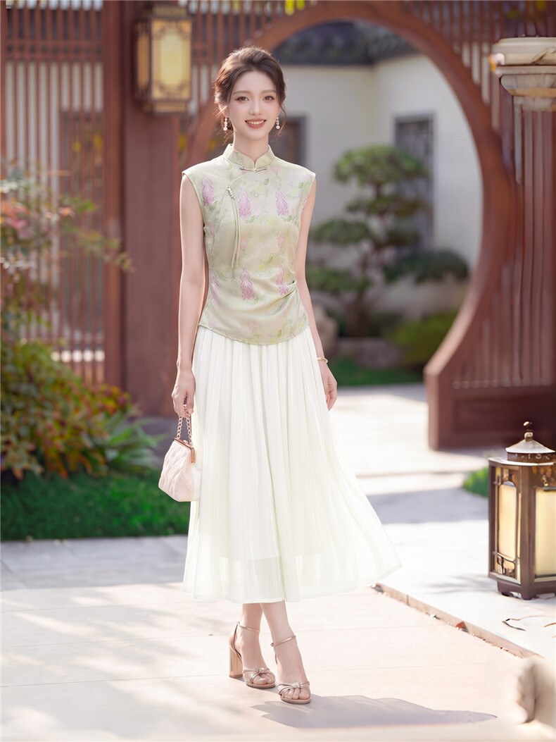 现货高级感新中式立领短袖女2026新款改良旗袍领收腰时尚套裙套裙,女装套装/套裙,兰菲阁