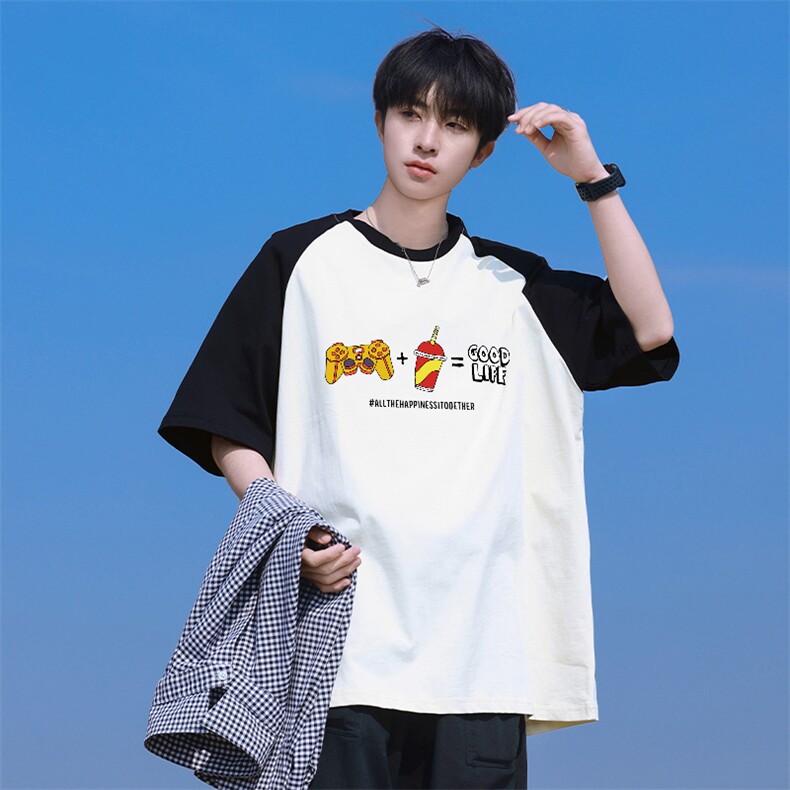 抖音得物高品质二开240克宽松纯棉美式潮牌插肩袖拼接短袖T恤，男装T恤，电商A486-1