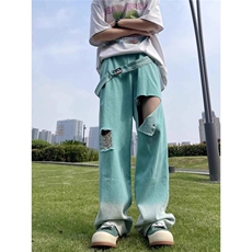 街头hiphop潮牌嘻哈彩色阔腿牛仔裤男vibe多巴胺渐变破洞休闲裤，男装休闲裤，星座506A