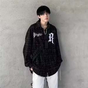 潮高街刺绣小香风格子ins长袖衬衫男女街头痞帅外套潮JK12/P52,男孩儿小奶狗穿搭图片