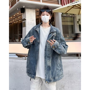 水洗做旧牛仔外套男款春秋季潮牌风休闲夹克宽松工装上衣3358 P74图片