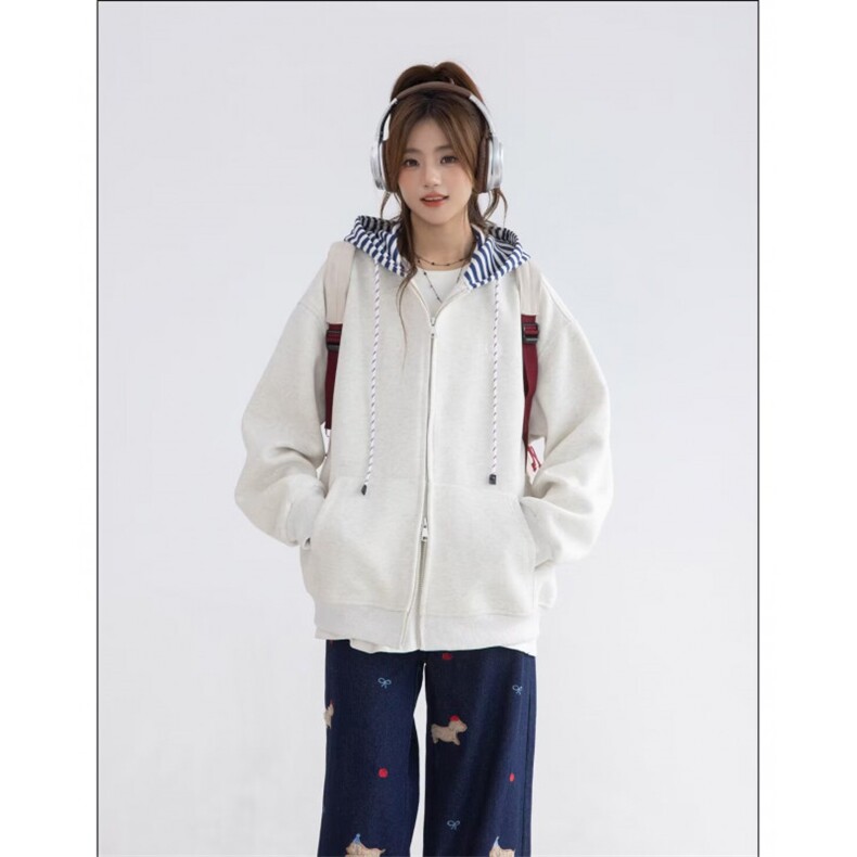 GC0601-P50春秋美式复古拼接连帽卫衣女外套宽松慵懒风开衫,女装短外套,电商C233