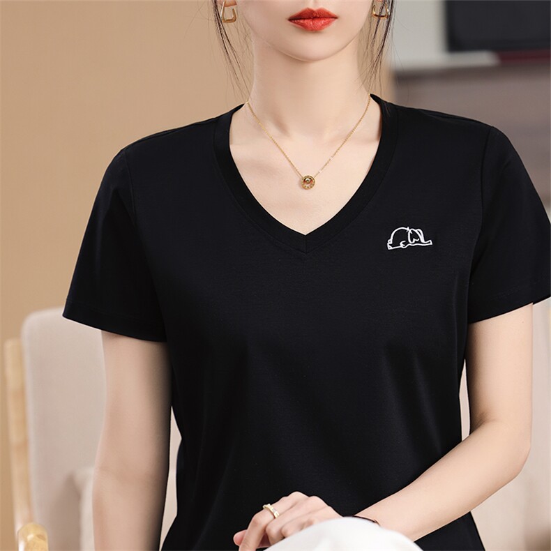 2025款夏季简约V领短袖t恤女丝光棉百搭修身上衣纯色打底衫,女装T恤,元素羊绒