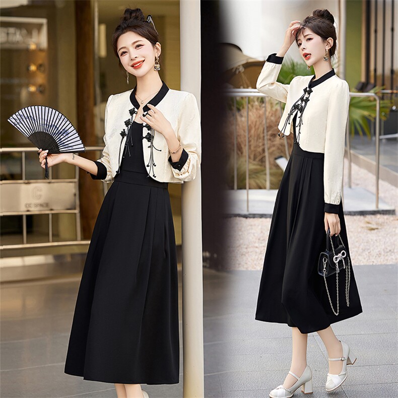 新中式国风套装女2024春秋新款高端气质盘扣外套吊带连衣裙两件套，女装套装/套裙，韩然一族
