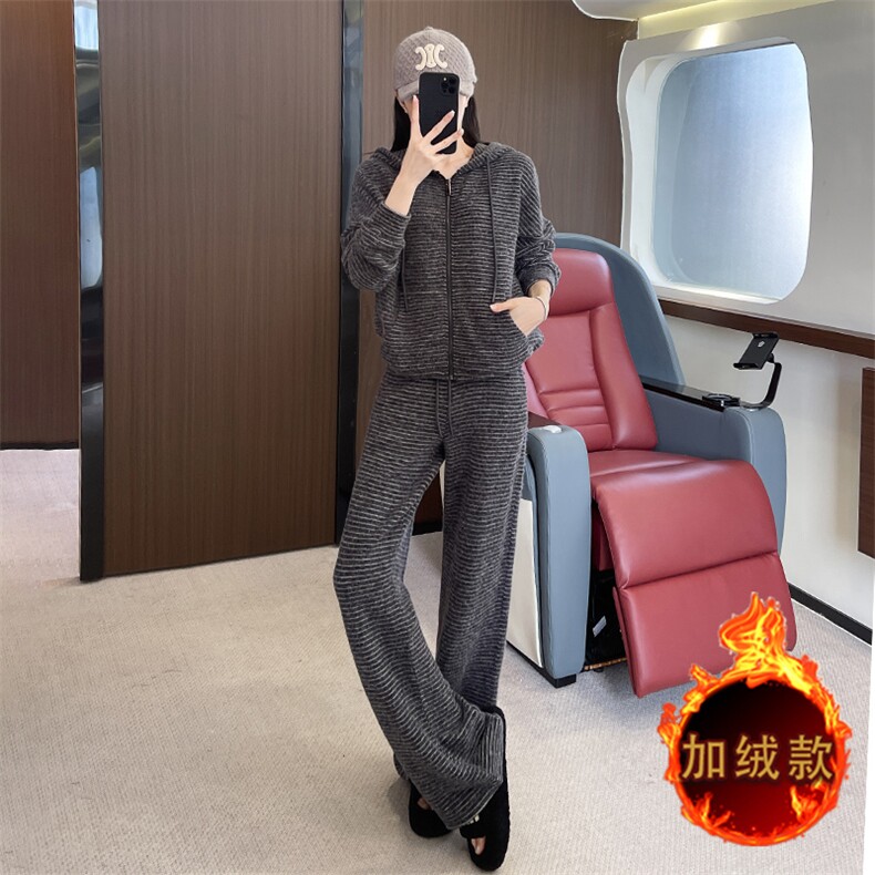女秋冬条纹连帽外套休闲阔腿裤两件套,女装套装/套裙,江南