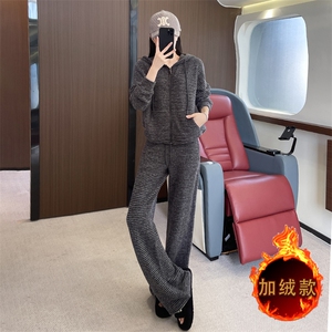 女秋冬条纹连帽外套休闲阔腿裤两件套图片