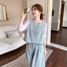 现货木耳边洗白牛仔上衣内搭+阔腿裤三件套2C239-H65-P195-K278，女装套装/套裙，2C239