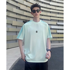 抖音得物品质二开240克宽松纯棉美式潮牌印花三条杠中性风短袖T恤，男装T恤，电商A486