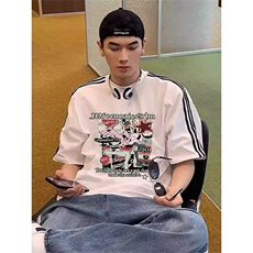 夏季美式高街重磅纯棉三条杠织带撞色男女短袖T恤STG306特P25，男装T恤，电商A486