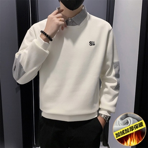 B340-WY1391-加绒特P6898男士假两件卫衣加绒加厚长袖,加绒墨绿绿色皮衣搭配图片