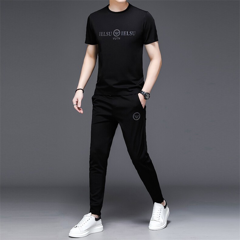 冰丝套装男夏季薄款男装休闲运动套装圆领宽松速干两件套2023新款,男装休闲套装,电商B212（原钱塘6029）