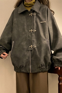 中性风黄底夹克女大码M-5XL夹克男水洗雪花皮衣女JK8741P130控168图片