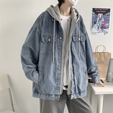 假两件牛仔外套男春秋高街潮小众设计感夹克连帽上衣服W3423-P70，男装夹克，星座412-3