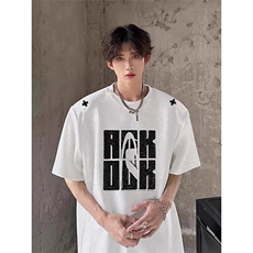 国潮美式复古刺绣短袖T恤男夏季设计感情侣上衣oversize正肩半袖，男装T恤，电商A486-1