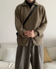 极简百搭双拉链头两穿高领/翻领开衫针织毛衣男MF66P60，男装针织衫/毛衣，电商D256-2(原A064-2)