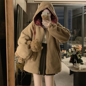 C926-P125 冬季羊羔毛拼格子连帽防寒服外套宽松加厚保暖开衫外套图片