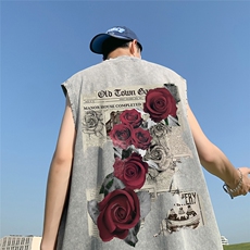 港风23夏季时尚百搭宽松做旧水洗磨皮无袖短袖T恤DT6247P40控58，男装T恤，电商A268A