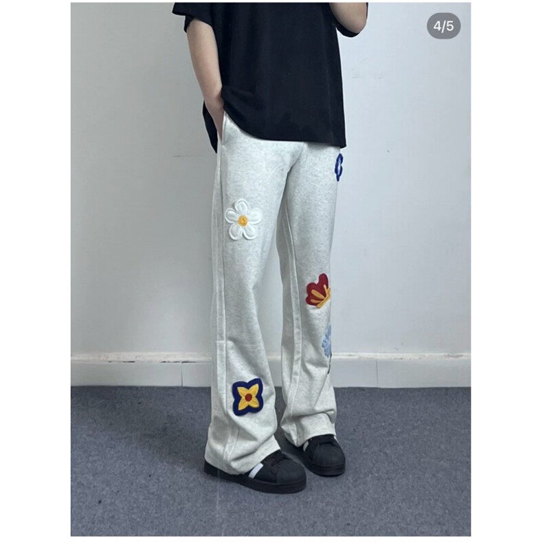 网图！2025春季新款港风花朵卫裤男女情侣休闲喇叭裤修身学院风，男装休闲裤，星座715-1