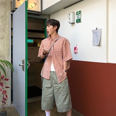 格子短袖衬衫男女夏季新款潮牌宽松开衫休闲情侣衬衣外套928P45，男装T恤，星座710