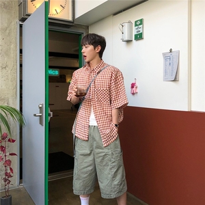 格子短袖衬衫男女夏季新款潮牌宽松开衫休闲情侣衬衣外套928P45图片