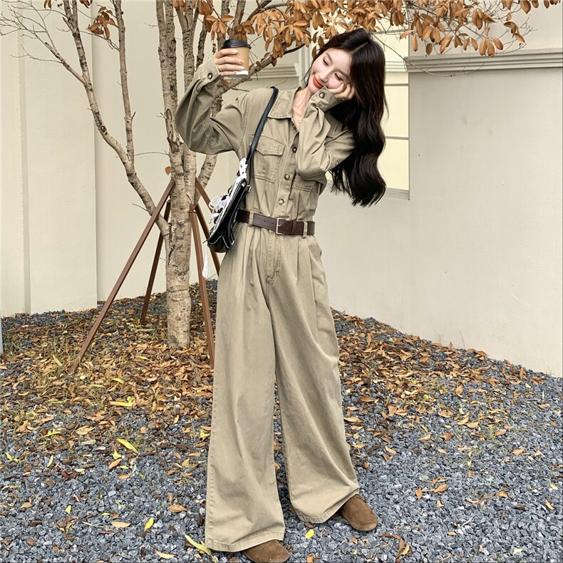 韩系卡其色工装气质连体裤女春秋2025新款显瘦今年流行爆款连衣裤,女装连体裤,2C133