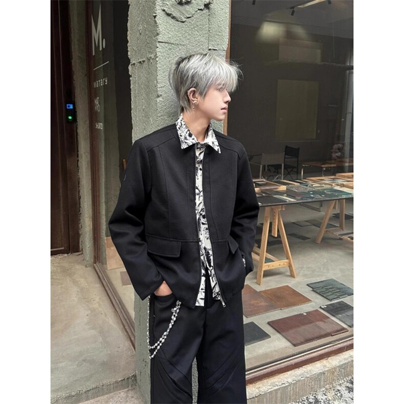 cleanfit假两件水墨画外套男春秋高级感痞帅小众设计衬衫拼接夹克,男装夹克,星座1210-1
