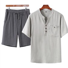 主推款高端夏季男士唐装中年棉麻套装中老年高品质亚麻短袖T恤，男装中老年男装，钱塘723