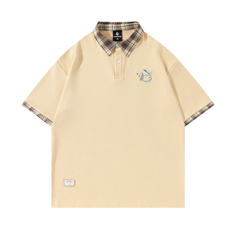 Polo衫短袖T恤男女夏潮流复古学院风格子拼接小狗刺绣T819P65,男装T恤,星座201-2