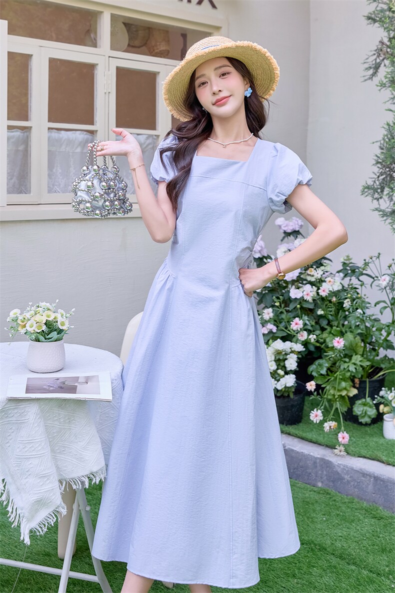 洋气绝美短袖连衣裙女2025夏新款方领法式收腰显瘦气质中长款裙子,女装连衣裙,潮流依族