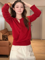 2025年秋季车厘子红色碎石链交叉领，女装羊毛衫，佳弈羊绒